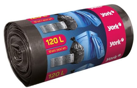 York Bolsas de basura de 120 l, 10 unidades, resistentes, extrafuertes, estables, color negro