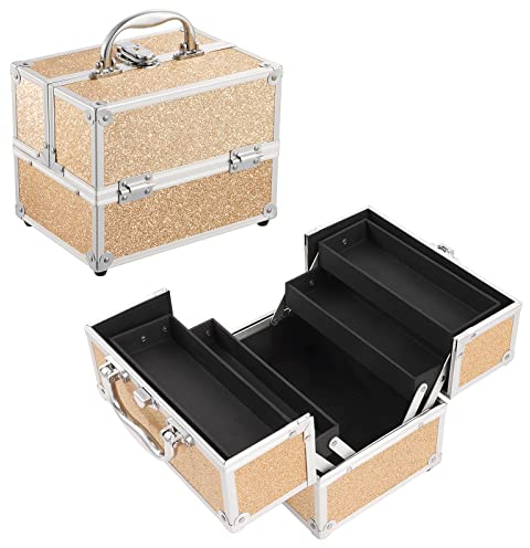 Vanity Case with 4 Trays Makeup Box Kids Cosmetic Organiser Box Make Up Tools Holder with Lock and Keys, Small Size:22.5x16x17cm, Gold Glitter