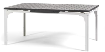 Thomas XL - Ausziehbarer rechteckiger Gartentisch mit Stahlgestell und hochwertiger Platte aus Polyethylen in raffiniertem Holzdesign (Weiß/Schiefer)