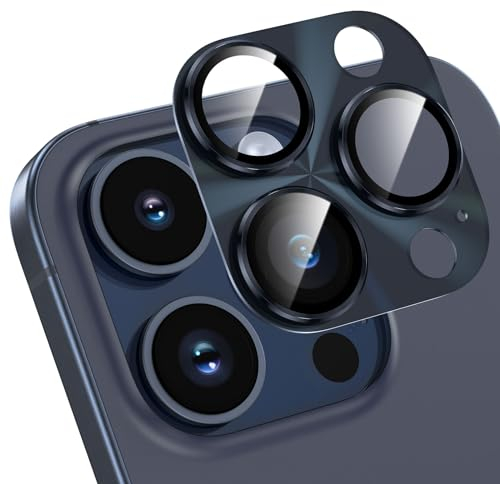 HWeggo für iPhone 15 Pro/iPhone 15 Pro Max Kameraschutz,9H gehärtetes Glas,Einteiliges Aluminiumlegierung Metall Kamera Schutz,HD Klar Anti-Kratzer Kamera Displayschutzfolie,Blau