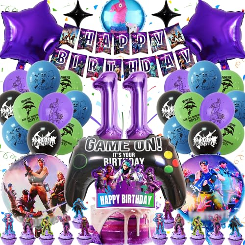 Decoration Anniversaire Fortnit 11 Ans, Gozuein 45PCS Decoration Anniversaire Ballons de Jeu Vidéo de Fête, Gâteaux Bannière Ensemble de Fête Décoration Anniversaire Fortnit Gaming Gamer Garçon