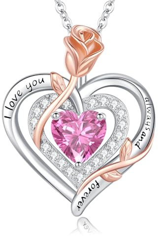 LAVUMO Collier Femme argent Sterling 925 Pendentif Coeur Rose Fleur Pierre Naissance Bijoux Cadeau Anniversaire Femme Copine Maman Cadeau Noël Saint Valentin Fête des Mères