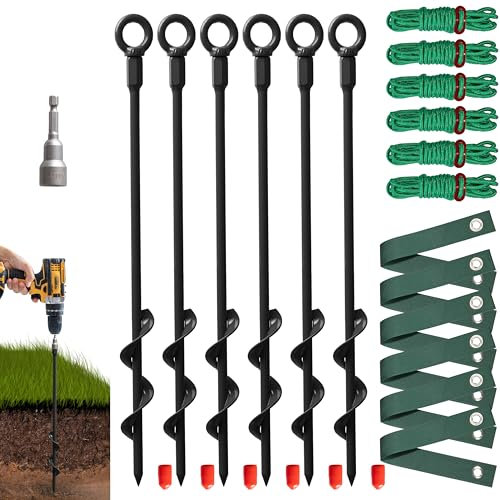 VASGOR Robuste Baumpfähle und Stützen für junge Bäume, 40,6 cm, Set mit 3 Bändern zum Abstecken und 10 m Seil, kann mit Bohrer verwendet werden (Adapter im Lieferumfang enthalten)