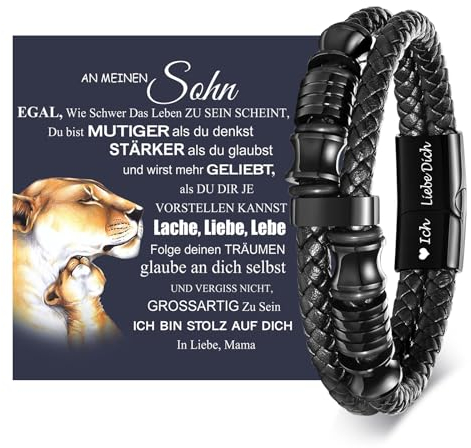 Armband Herren Lederarmband Sohn Geschenk von Mama - Armband für Meinen Sohn Geburtstagsgeschenk für Teenager 18. Geburtstag Junge Azubi Mutmacher Geschenk für 16 19 21 Jährige Männer (Schwarz, 21.00)
