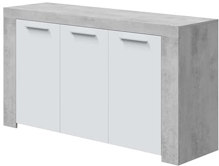 Miroytengo Aparador Salón con 3 Puertas Kao Estilo Industrial Color Blanco y Gris Cemento 144 cm