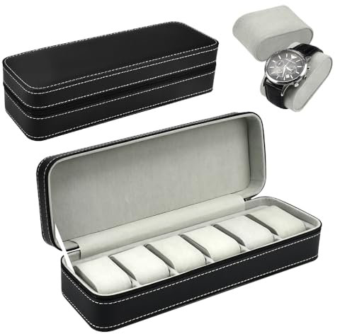 NAROSEBE Uhrenrolle Uhrenbox 6 Uhren, Uhren Reiseetui Leder, Uhrenetui Uhrenschatulle Herren Damen, Uhrentasche Reise Reiseetui Uhren Aufbewahrungsbox Watch Case Travel (Schwarze-6uhr)