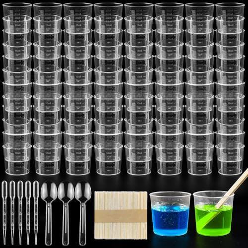 REJOECE 100 Pack Measuring Cups 50ml, Plastic Mixing Cup Measuring Cups, Transparent Scale Cups, Reusable Mixing Cup, 50 Pack Mixing Sticks Labs Graduated Beakers Baking Cooking Lab Measure Tool