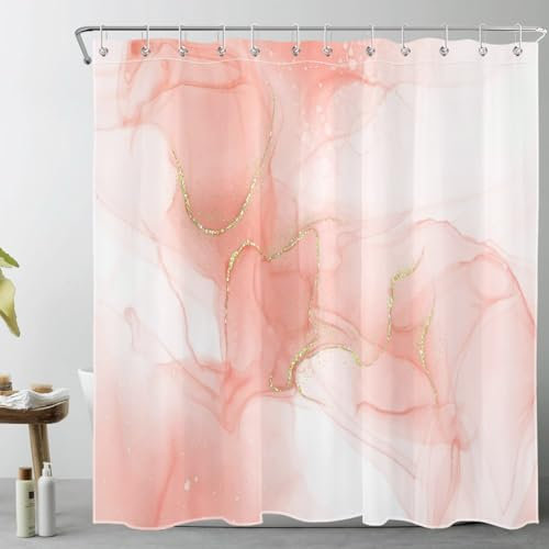 LB Rosa und weißer Marmor Duschvorhang 240x175cm(BxH) Gold gestreift Antischimmel Wasserdicht Badezimmer Vorhänge,Abstrakt Geometrisch Extra Breit Polyester Stoff Bad Vorhang mit Haken