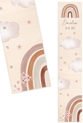 Bärenfreunde® - Personalisierte Messlatte Kind Holz zum Kleben oder Aufhängen - Skala 70-140cm - Süße Dekoration für Baby- & Kleinkinderzimmer (Kinder 70-140cm, Regenbogen rosa)