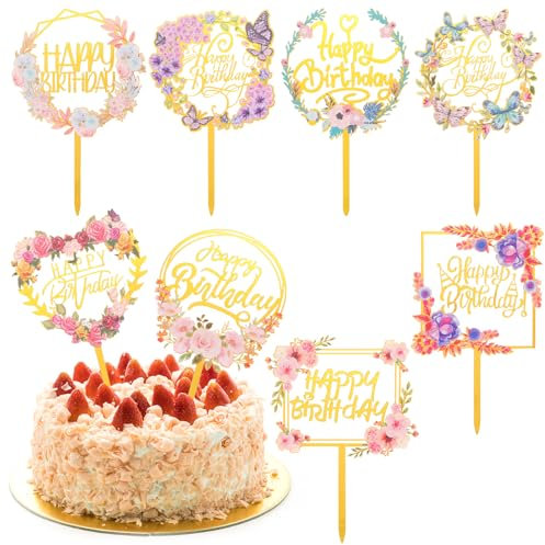 8PCS Happy Birthday Cake Topper Gold Flower Acrylic Cupcake Toppers Birthday for Various Birthday Party Wedding Anniversary Pastries Decorations Supplies