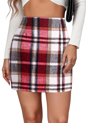 FEOYA Damen Karierter Minirock Hohe Taille Bodycon Bleistiftrock Elegant A Linie Flanell Rock Klassischer Preppy Stil Herbst Winter Kurzer Rock