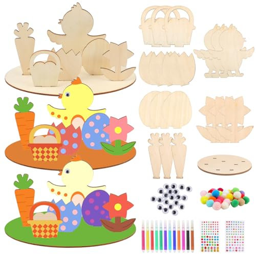 Deepton Ostern Basteln Kinder Set, 6 Stück Hasen und Küken aus Holz zum Bemalen, DIY Osterbasteln mit kindern, Osterhase Deko Bastelset Kinder 3 4 6 8 Jahre Frühling für Bastelzubehör Dekorationen
