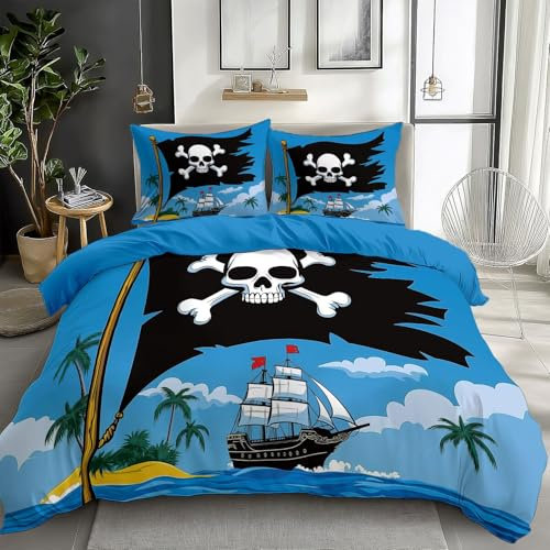 CozyRest Bettbezug Piraten Totenköpfe Segelboote Thema 100 x 135 cm Wendebettwäsche aus Mikrofaser für Kind Paar, Pullover Blau Deckenbezug, Mit 1x40x60 cm Kissenbezug und Reißverschluss