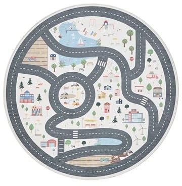 benuta Lytte Linus Teppich Kinderzimmer - Creme Rund 120 cm - Spielteppich Straße - Runder Kurzflor Kinder Straßenteppich klein - Kinderteppich waschbar für Mädchen, Junge oder Jugendzimmer