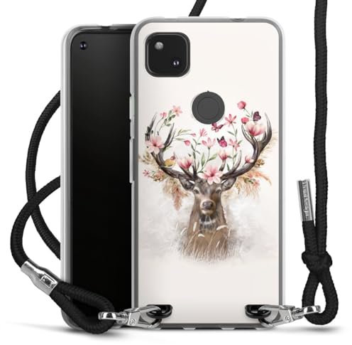 Carry Case kompatibel mit Google Pixel 4a Hülle mit Band Handykette zum Umhängen schwarz Hirsch Tiere Blumen