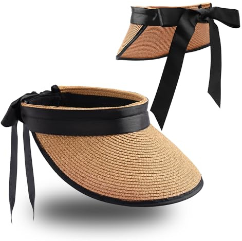 JJDreams Faltbare Sommerhut Strohhut mit Klettverschluss Schleifeband UV-Schutz Strohhut Damen Strandhut für Reise Urlaub Khaki