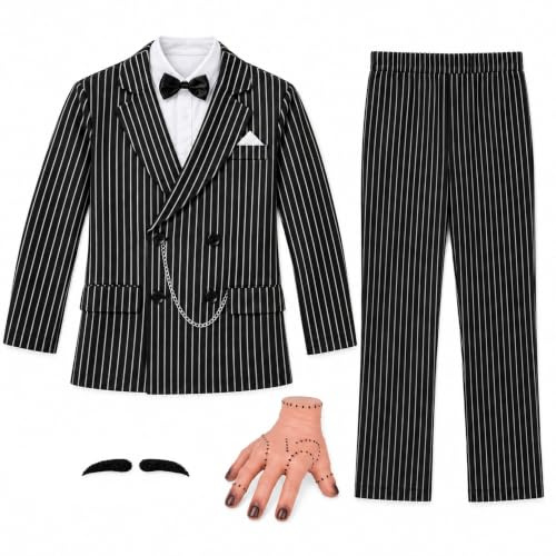Morph, Pinstripe Suit Gangster Costume Men, Halloween Costumes for Men | Black & White Pinstripe Blazer, Matching Trousers, Severed Hand Prop & Stick-On Moustache All Included; Perfect for Halloween