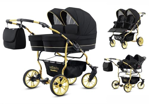 Doppel-Kinderwagen 3-in-1: 2 Babytragetaschen + 2 Kinderwagen + 2 Autositze, komplett ab Geburt. BBtwin – Gold Lux, Schwarz und Gold.