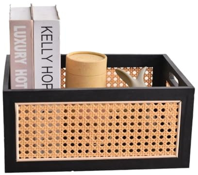Homeily Bambus rechteckige Lagerung Korb, schwarzes Holz Weben Lagerung Korb mit Griff Desktop Storage Bins für Haus, Büro, Schrank, Regal (L)