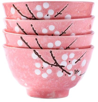 Fignner Japanese Style Ceramic Rice Bowls, Pink Cherry Blossom Design, Set of 4