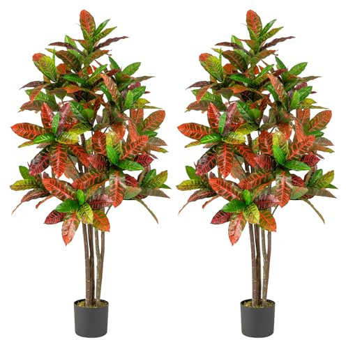 COSTWAY 100CM/150CM Artificial Croton Plant, Fake Croton Palm Tree with Colorful Variegated Leaves, Natural Wood Trunk and Nursery Pot, Realistic Greenery Potted Plant for Office Home (2, 150CM)