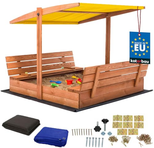 KOTARBAU® Sandkasten mit Abdeckung 140 x 140 cm Großer Braun Holzsandkasten mit Gelb Dach Sandkasten mit Deckel Sandkasten mit Dach Gartenspielzeug Kinder imprägniert verschließbar mit Bänken