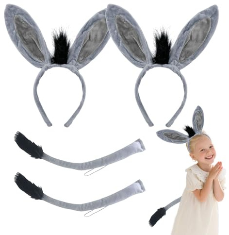 FUIPVGI 4 Pcs Esel Tier Ohren und Schwanz Kostüm Set Tier Cosplay Stirnband Esel Verkleidung Outfit Stirnband mit Ohren Schwanz für Karneval Halloween Partys Thema Welttag des Buches