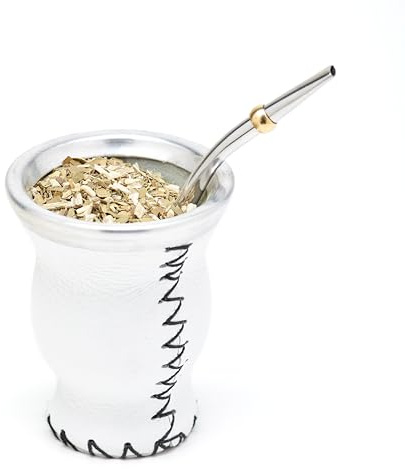BALIBETOV Leather & Glass Yerba Mate Gourd Set (Mate Cup) with Yerba Mate Bombilla (Off-White)