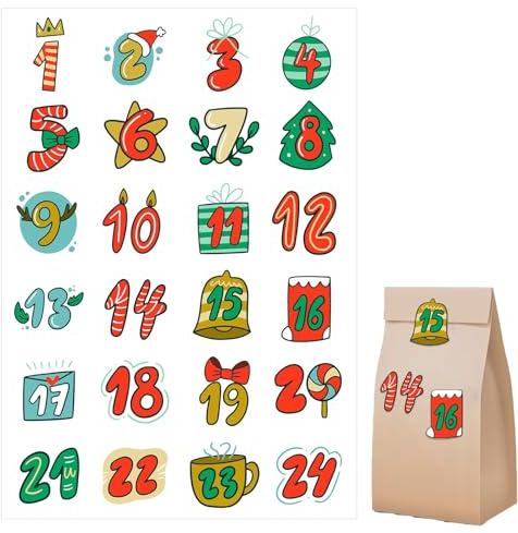 weiting Autocollant De Noël,Chiffres Adhésifs,Numéros 1-24 Étiquettes De Scellage Calendrier De Compte À Rebours - Pour Bouteille D eau Festival D hiver Mur Porte Fête Adulte Enfant