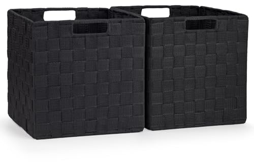 EHC Woven Polypropylene Collapsible Basket, Storage Cubes, Set of 2 Foldable Boxes For Cupboards, Shelves, Closet - Black