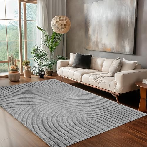 Carpettex Wohnzimmer Teppich 200x290 cm Grau Hochflor Skandi Boho Design Hoch-Tief Effekt Weicher Shaggy Langflor Flauschig Pflegeleicht Modern für Esszimmer