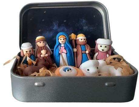 BLWOTMOR Miniatur-Krippe in Metallbox, Miniaturfiguren, kleine Krippe für Weihnachten, Feiertage, Einweihung.