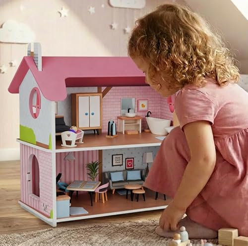 Puppenhaus aus Holz 41 teilig, 2 Ebenen, mit Spielfiguren + Möbel, Villa, Spielzeug für Kinder ab 3 Jahre