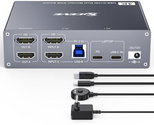 YOUTINGHDAV 4K KVM Switch 2 Monitore für 1 Laptop 1 Desktop 4K@60Hz | USB 3.0 KVM Switch 2 PC 2 Monitore USB C, MST, PD 100W, Aluminium, Netzteil und Wired Remote(4K USB C HDMI 2 in 2 out KVM)