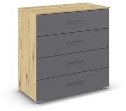 Rauch Möbel ADITIO, Kommode, Grau metallic/Eiche Artisan, Breite 80 cm | Sideboard im zeitlosen Stil, 4 Schubladen, Soft-Close-Funktion, für Schlafzimmer, Gästezimmer, Wohnzimmer, Garderobe, Flur