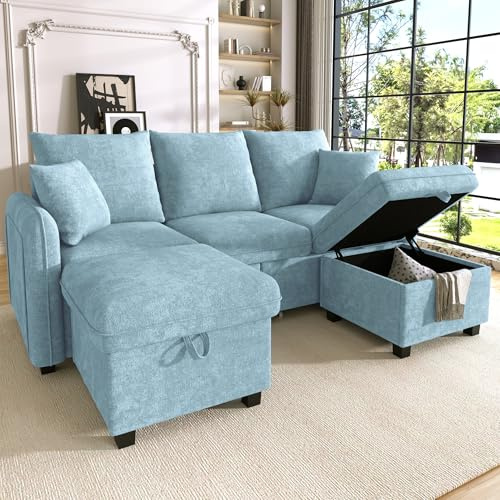 Merax Modulares 3-Sitzer Sofa-Set, Ecksofa in L-Form & U-Form mit 2 Stauraum-Hockern, Couch mit 2 Schubladen, Flexibel kombinierbare Wohnlandschaft aus Chenille, Blau
