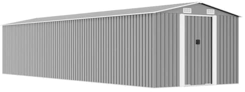 Wicterencia Gerätehaus Grau 257x779x181 cm aus verzinktem Stahl, Gartenschuppen mit Doppelschiebetüren, Lüftungsschlitzen, Schuppen Lagerhaus für Werkzeug, Fahrrad, Rasenmäher