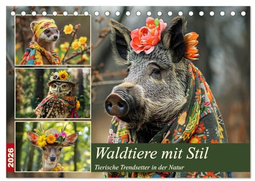 Waldtiere mit Stil. Tierische Trendsetter in der Natur (Tischkalender 2026 DIN A5 quer), CALVENDO Monatskalender: Tiere des Waldes auf modischer Mission (CALVENDO Tiere)