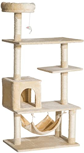PawHut Árbol Rascador para Gatos con Múltiples Plataformas Juguete Colgante Cueva Espaciosa Hamaca Suave Postes Rascadores para Gatos Dormir y Jugar 70x40x152 cm Beige