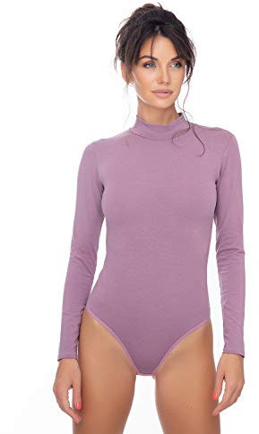Evoni, body da donna a maniche lunghe, coprente, in cotone, con colletto a lupetto, Rosa cenere, M