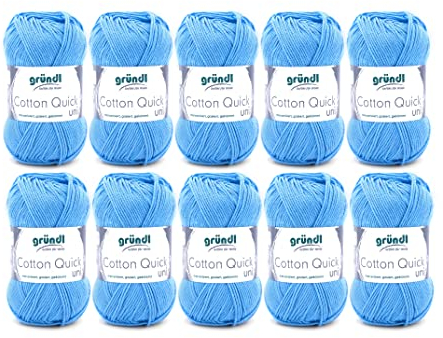 Gründl Wolle Cotton Quick uni - Wolle zum Häkeln aus 100 % Baumwolle - Wolle zum Stricken - glänzendes Baumwollgarn 10 Knäuel 50 g / 125 m - Hellblau