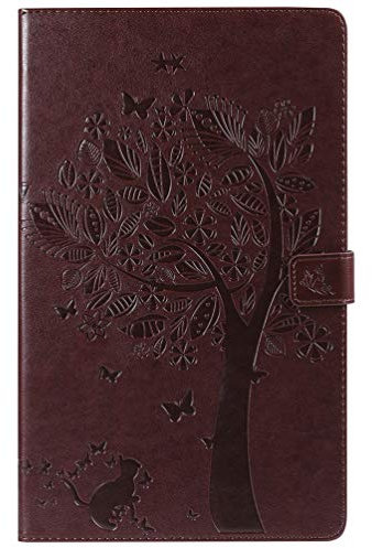 LingDan Protective Cover for Amazon Fire HD 10 2017/2015 (10.1 Inch) Tablet PU Leather Cover Embossing Tree and cat Pattern with Built Stand and Magnetic Closure Wallet Flip Folio Case, Brown