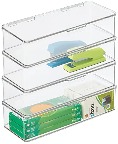 mDesign 4er-Set Schreibtisch Organizer – stapelbarer Büro Organizer aus BPA-freiem Kunststoff – lange Aufbewahrungsbox mit Deckel für Stifte, Radiergummi und anderes Bürozubehör – durchsichtig