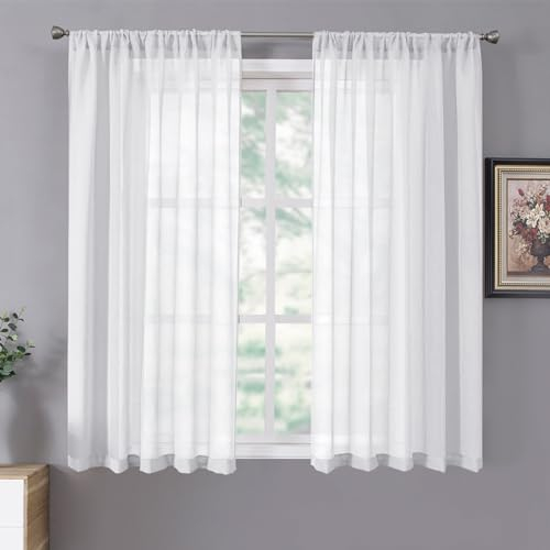 Tollpiz Kurze, durchsichtige Vorhänge mit Leinenstruktur, Wohnzimmervorhang, durchscheinend, lichtfilternd, Stangentasche, Voile-Vorhänge für Schlafzimmer, 106,7 x 114,3 cm lang, Weiß, 2 Paneele