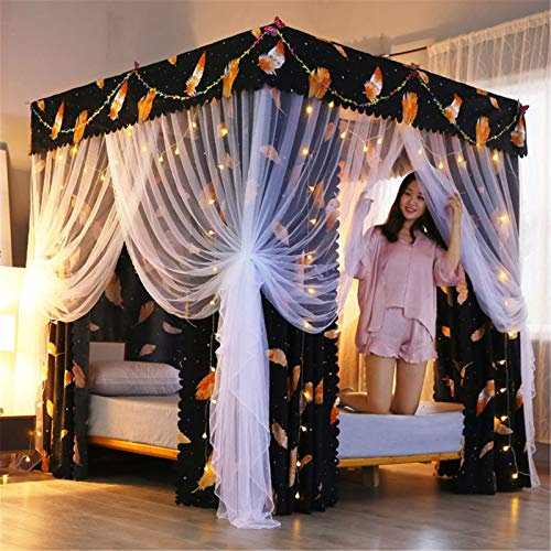 Fengflaw Accendere Zanzariera baldacchino Doppio Strato Principessa zanzariera Maglia Tulle Tenda Garza Il Letto Ragazze Installazione Facile Accessorio Camera Letto Tenda Quadrata,Nero,W120*L200cm
