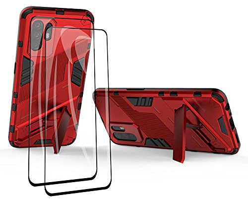 GOKEN Funda para OPPO A94 5G / Reno 5Z (Reno5 Z) y 2 Piezas Cristal Templado, PC + TPU Silicona Tough Armor Protección Carcasa, Robusta Antigolpes Estuche con Soporte Vertical y Horizontal, Rojo