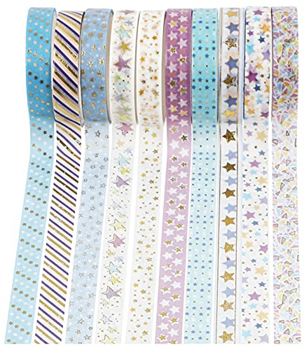 Milisten 10 Rolle Gold Folie Masking Tape Set Stern Washi Band Set Dekorative Masking Washi Tapes Stern Papier Band für DIY Kunst Handwerk Scrapbooking Geschenk Verpackung
