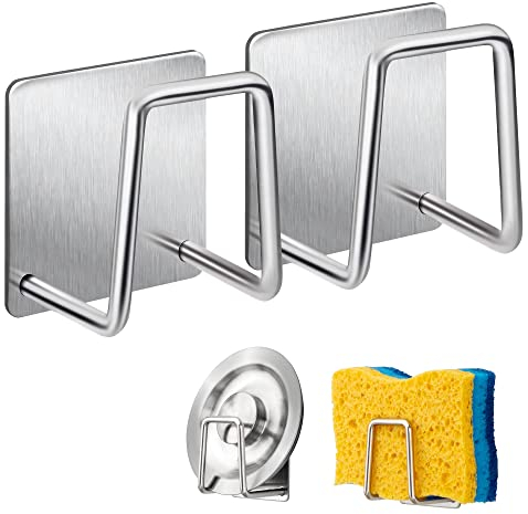 Damita Support pour Éponge Crochet pour éponge à Vaisselle en Acier Inoxydable 304, adhésif - Accessoires pour évier - Crochet adhésif, Rangement de la Cuisine et la Salle de Bain (2PACK, Argent).