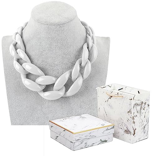 Zoshfo Damen Boho Klobige Acryl-Gliederkette Fashion Statement Handmade Cuban Chain Collar Schmuck Halskette Kleider Pullover ZubehöR,Weiß