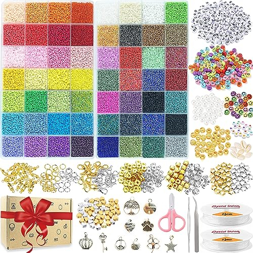 44295pcs 56 Farben 2mm Rocailles Perlen Set Perlen zum Auffädeln, Glasperlen zum Auffädeln, Perlen für Armbänder Ketten Ringe Handykette Schmuckherstellung,Perlenset mit 615 Zubehör Buchstaben